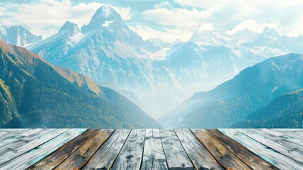 Poster - Wooden deck with a view of sharp mountain peaks - Spectacular scene of a wooden plank foreground leading to sharp alpine peaks under a clear sky