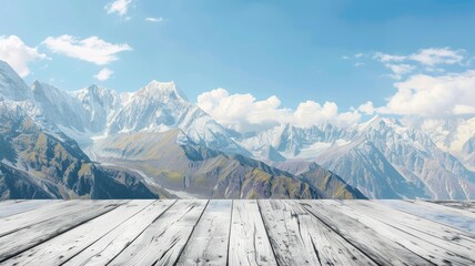 Poster - Majestic snowy mountains behind a wooden floor - An inspiring view showing a wooden platform leading the eye to the snowy peaks under a blue sky