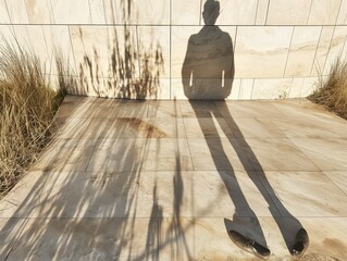 A man is standing in front of a wall, casting a shadow on the ground. Concept of solitude and introspection, as the man is alone in the space