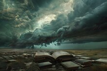 A Stormy Night Over The Sea With Dark, Abstract Clouds With Floating Books Or Knowledge Over The Sea