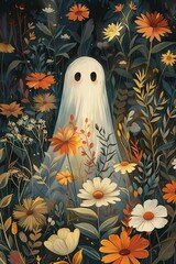 Wall Mural - Boho Aesthetic print of a Cute Retro Floral adorable Ghost light, illustration made with generative AI