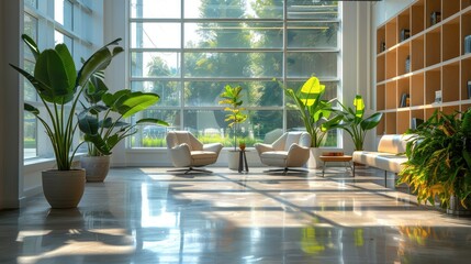 An office environment with large windows letting in plenty of natural light. The space looks modern and inviting, with plants adding a fresh, green touch to the surroundings. Generative AI.