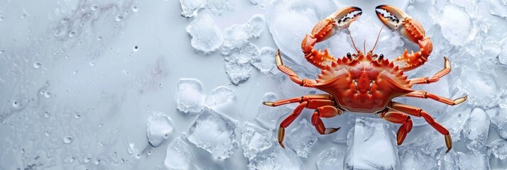 Wall Mural - horizontal banner for fish market, fresh seafood, big red crab lying on crushed ice, ice cubes, food preservation, light background, copy space, free space for text