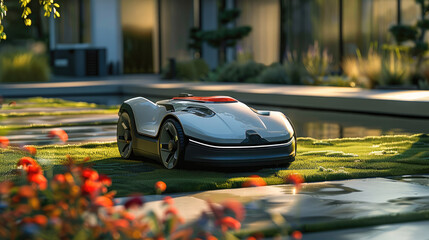 Poster - Smart mower, futuristic look, smooth and flat surface, heavy body design. Generative AI.