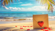 letter with a heart on a tropical beach background