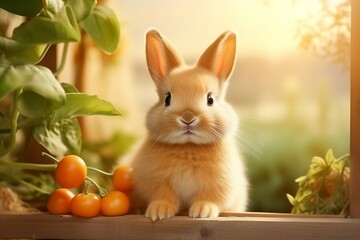 Poster - cute rabbit on blurred soft orange and white color background for cute and relax design