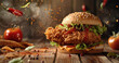 Mouthwatering commercial banner featuring crispy fried chicken burger.