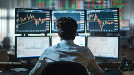 Wall Mural - A stock price chart displayed on three desktop PC monitors, back view of a male stock trader, desk at a securities company. Generative AI.