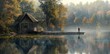 Lakeside Retreat: A serene painting of a small cabin nestled on a dock by a tranquil lake, a peaceful haven in nature's embrace