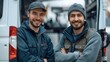 Two attractive appliance repair specialists in caps smiling against the background of a white van. Generative AI.