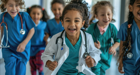 Wall Mural - diverse children dressed as doctors, playing in the hospital hallway, laughing and smiling at the camera