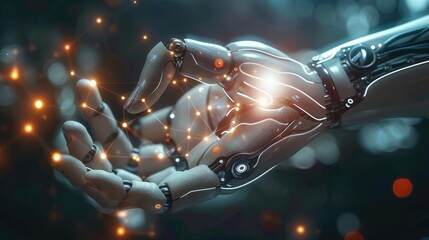 Fototapete - The hand of a human and robot touching each other with digital connection lines on a dark background, concept for future technology or business teamwork in the style of AI. Generative AI.