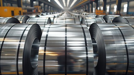 Poster - Stainless steel coil at factory. rolls of stainless steel sheet. Generative AI.