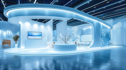Poster - Creative medical exhibition island booth, blue white colors curved with curved screen hanging from ceiling. Generative AI.