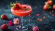 Strawberry and flower petals are used as garnish for cocktails this red beverage is offered over a dim backdrop and space, Generative AI.