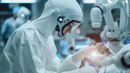 Poster - Doctor and AI robotic arm assistant helping to do the operation patient in operating room. Generative AI.