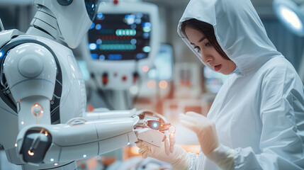 Poster - Doctor and AI robotic arm assistant helping to do the operation patient in operating room. Generative AI.