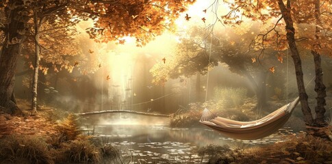 Wall Mural - A beautiful autumn scene with a lake and a hammock