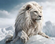 handsome white lion with opulent hair mane laying  on ice in Arctic ocean. close up. Digital conceptual  artwork. Ai generated like photo