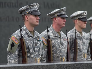 Wall Mural - Three soldiers stand in a line, each holding a rifle. They are all wearing camouflage uniforms and are lined up in front of a wall