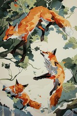 Wall Mural - magical foxes leaping joyfully, illustration made with generative AI