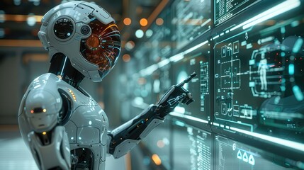 Fototapete - A robot pointing at a holographic screen. Generative AI.