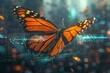 Futuristic monarch butterfly with neonedged wings, navigating through holographic interfaces in a cyberpunk environment
