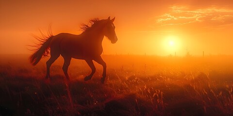 Canvas Print - Majestic Horse Galloping Across Misty Dawn Field Spirit of the Wild Steed in Motion