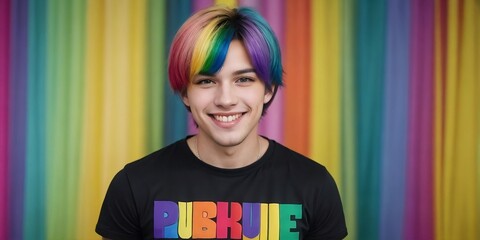 Wall Mural - Attraactive gay wearing a rainbow shirt smiling against a colorful background with copy space.