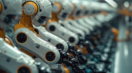 Fototapete - Several robotic manipulators from different sides assemble and spare parts at the factory. Generative AI.