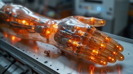 Aufkleber - Futuristic Robotic Hand Glowing With Orange Hues in a Technological Setting