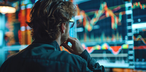 Aufkleber - An investor tracking financial statistics on a screen with changing market conditions in the background. Generative AI.