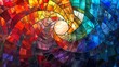 Vibrant abstract spiral design in a stained glass window, radiating with a spectrum of colors.