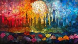 Fototapeta  - Colorful stained glass mosaic showcasing an intricate cityscape with dynamic, abstract foliage.