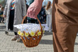 Traditional Easter basket. Easter modern eggs, easter bread