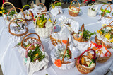 Fototapeta Niebo - Traditional Easter basket. Easter modern eggs, easter bread