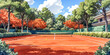 Well-maintained clay tennis court basks in sunlight, surrounded by vibrant autumn trees, evoking sense of active lifestyle, leisure, and beauty of outdoor sports. Ideal for sports and fitness themes