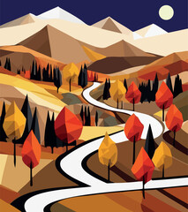 Wall Mural - Vector illustration of a scenic autumn road stretching across the landscape.
