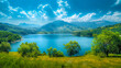 This scene showcases a stunning lake encompassed by towering mountains. 