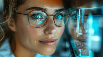 Poster - Close-Up of a Woman With Glasses Looking at a Digital Screen in Modern Office