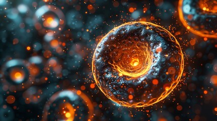 Fototapete - Glowing Orange Cells in Close-Up View With Dark Background