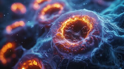 Leinwandbilder - Close-Up View of Glowing Cells in a Laboratory Setting at Night