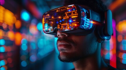 Fototapete - Man Experiencing Virtual Reality, Neon Lights Illuminating His Face