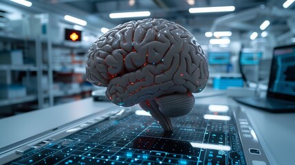 Poster - Futuristic Brain Model Displayed in a High-Tech Laboratory