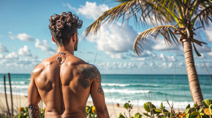 A man with tattoos stands in front of palm trees and the ocean