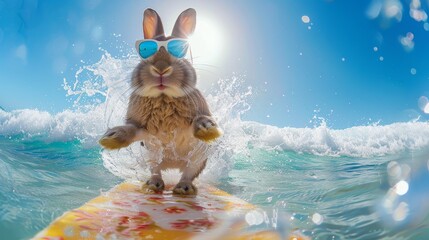 Wall Mural - A rabbit is surfing on a yellow surfboard in the ocean. summer season