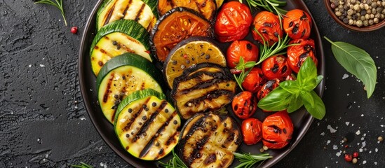 Wall Mural - A top-down view of a plate filled with freshly grilled vegetables placed on a table. Various herbs and spices are scattered around the dish, presenting a healthy and appetizing meal.