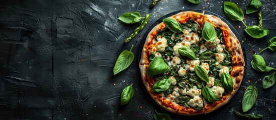 A pizza covered with melted cheese and fresh spinach leaves on top, creating a mouthwatering dish.