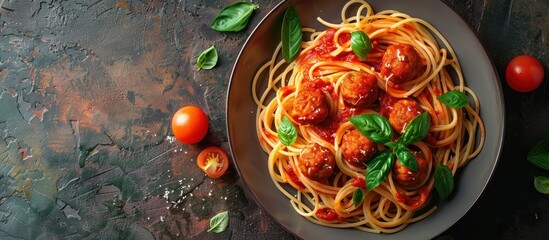 Wall Mural - A top view of a plate filled with spaghetti topped with meatballs and garnished with fresh basil leaves.
