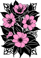 graphic drawing of a bouquet of pink flowers with black leaves without background, isolated element